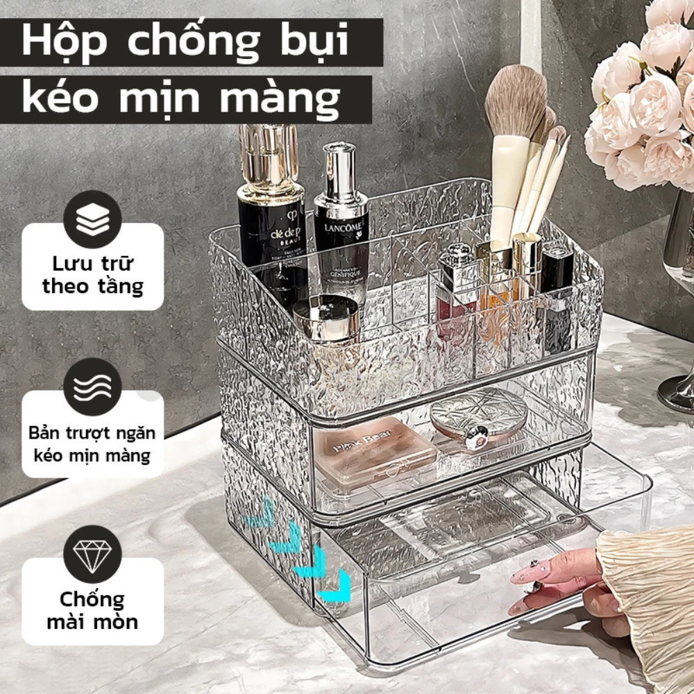 Kệ Đựng Mỹ Phẩm Trong Suốt 2 Tầng Vân Kim Cương Có Ngăn Kéo Đựng Đồ Trang Điểm Gọn Gàng Sang Trọng