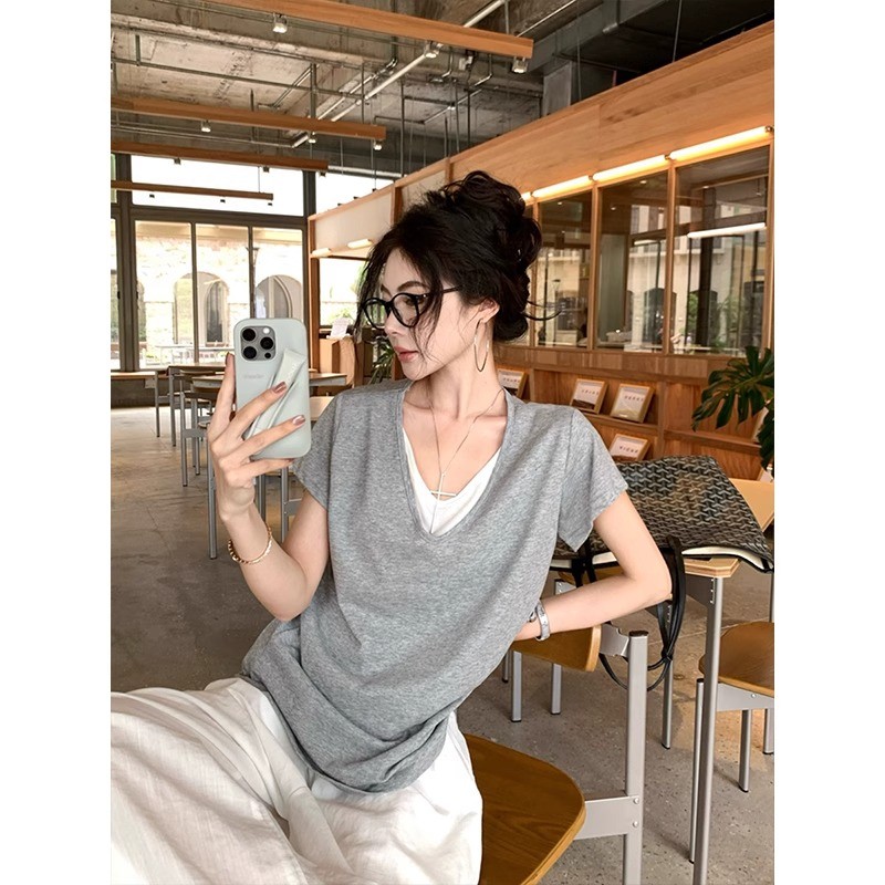 SUXI Áo thun ngắn tay màu trơn đơn giản dành cho nữ mùa hè mới 250605