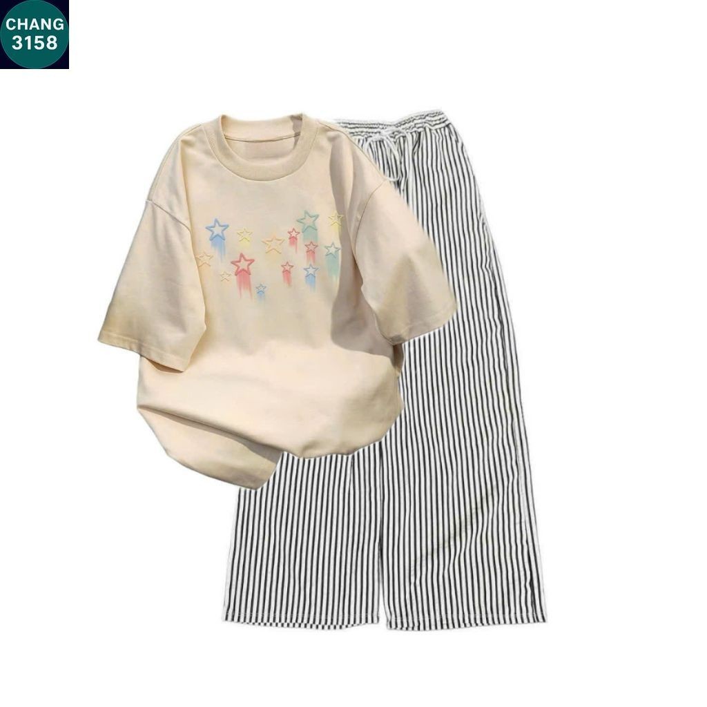 Sét Bộ Quần đũi xốp vằn   + mix áo phông form rộng tay lỡ chất cotton su- hình ngôi sao-CHANG 3158