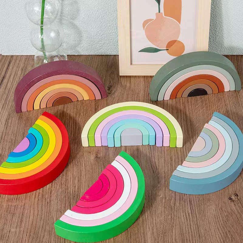 Đồ chơi xếp hình cầu vồng, xếp hình bằng gỗ màu cầu vồng, Bộ Đồ Chơi Montessori Cho Bé, Phát triển kỹ năng tư duy