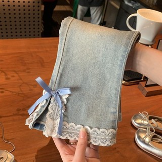 Quần jeans mới mùa xuân cho bé gái, quần ống loe có viền ren, quần dài có nơ cho trẻ em