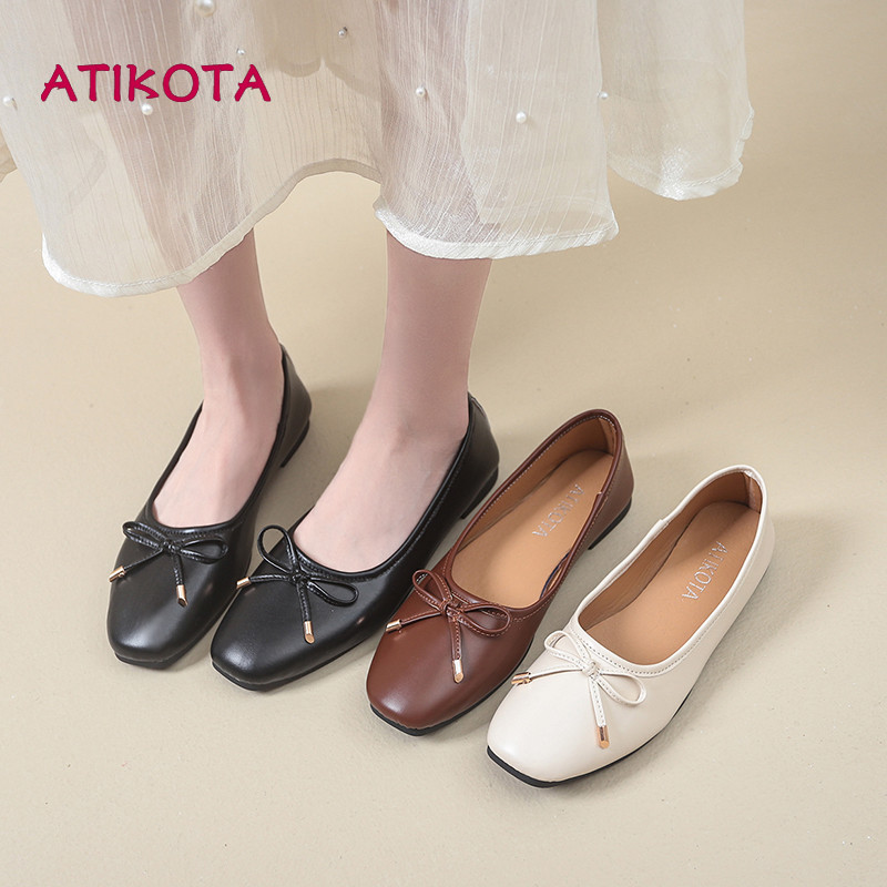 Atikota Hợp Thời Trang Nơ Vuông Đầu Ba Lê Đế Bằng Nhẹ Giày Đế Bằng Cho Thời Trang Nữ