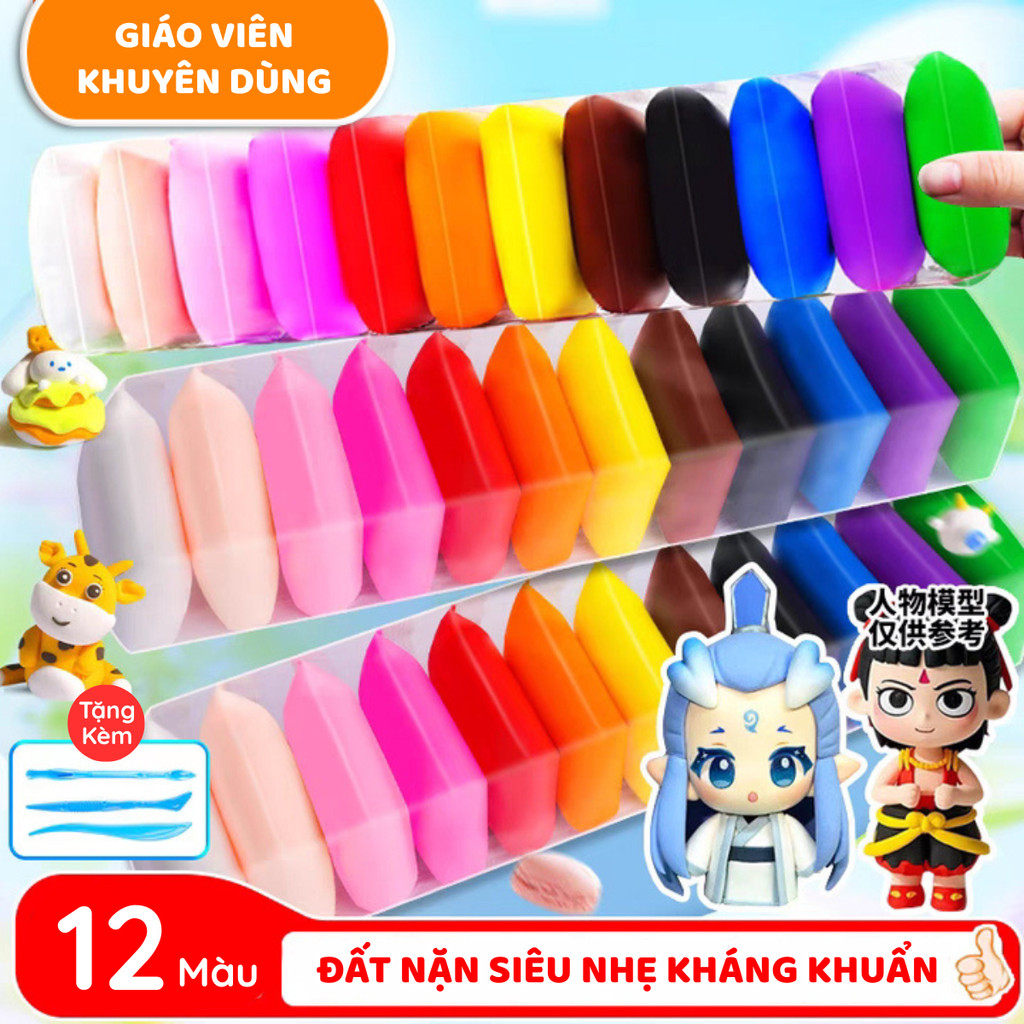 Đất Sét Siêu Nhẹ Không Dính Tay 12/24/36 Màu - Đất Nặn Tự Khô An Toàn Cho Bé & Người Lớn, Handmade Đa Năng