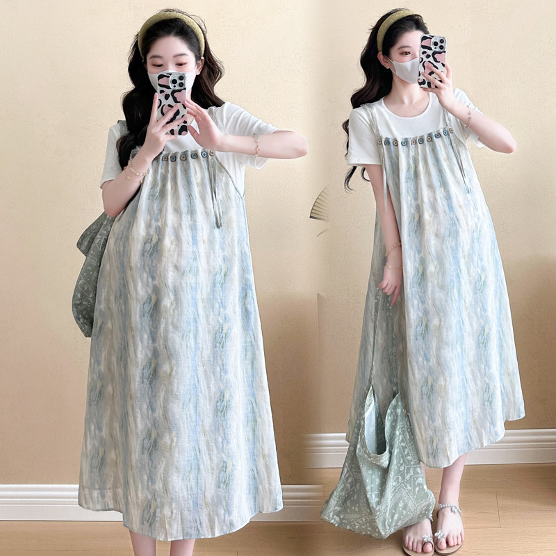 Trang phục bà bầu mùa hè phiên bản Hàn Quốc tie-dye khâu hai mảnh giả