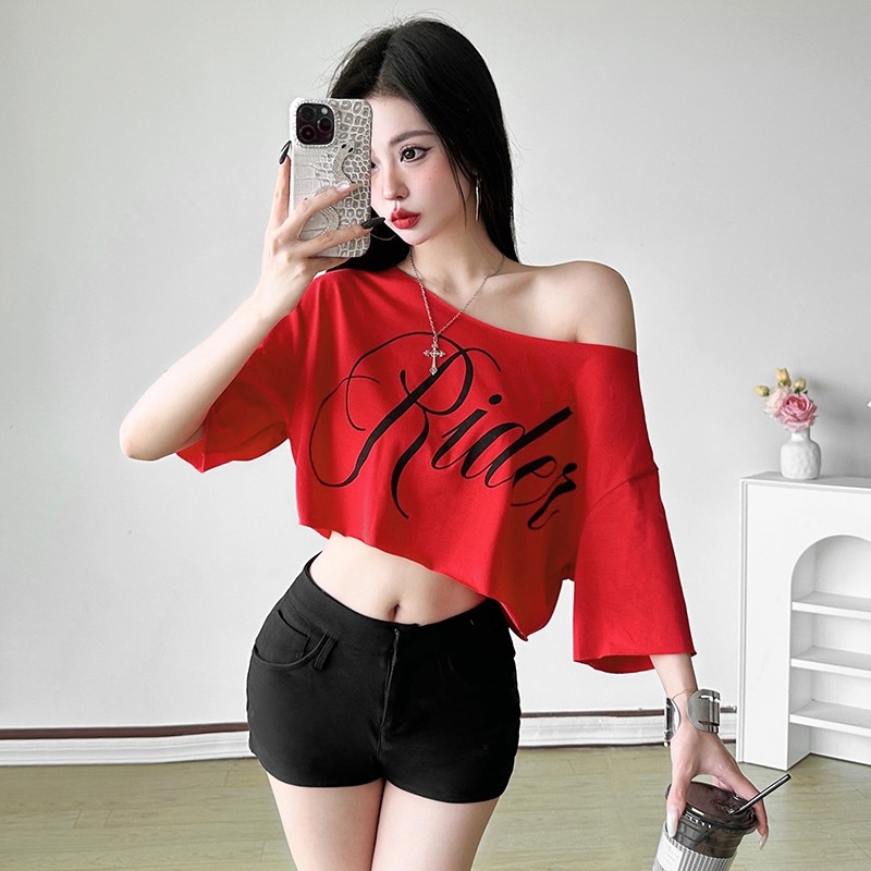 Klalien Áo Thun Gợi Cảm Cổ Tròn Vai Baring Tay Ngắn Rốn Lộn Chữ Cổ Điển In Hình Mùa Hè Hot Chick Thường Ngày 2025 Thời Trang Phụ Nữ Mới