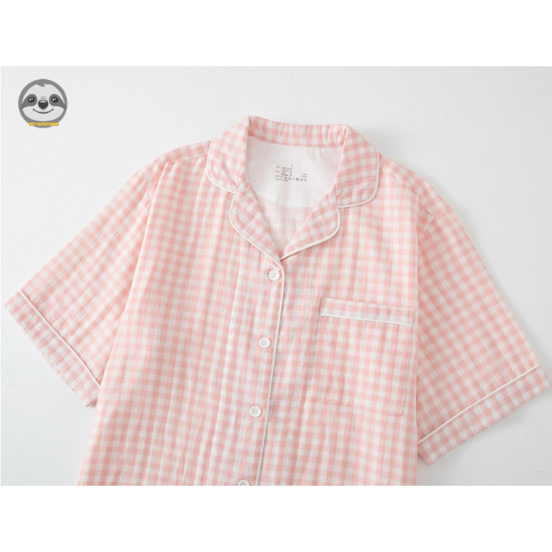 Phong cách Nhật Bản Muji Style / Bộ đồ ngủ kẻ sọc sợi hai lớp bằng vải Cotton Bộ ba mảnh / Có thể mặc quần Short ngắn tay bằng vải Cotton bên ngoài