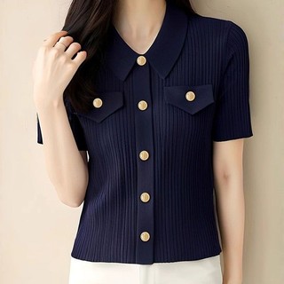 Cao Cấp Tính Khí Kích Thước Lớn Cổ Áo Polo Đơn Tay Ngắn Dệt Kim Cardigan Mùa Hè Mới Hàng Đầu