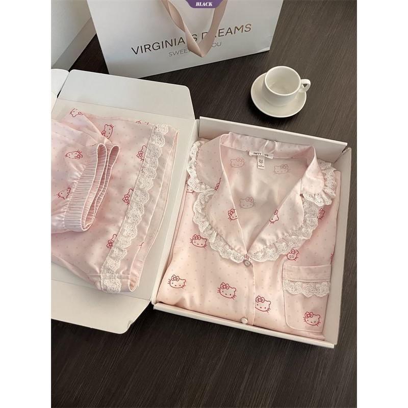 Sweet Lace Polka Dot Kitty Bộ Đồ Ngủ Nữ Mùa Hè Mới Quần Short Tay Ngắn Phần Mỏng Của Bộ Đồ Quần Áo Gia Đình [BL]