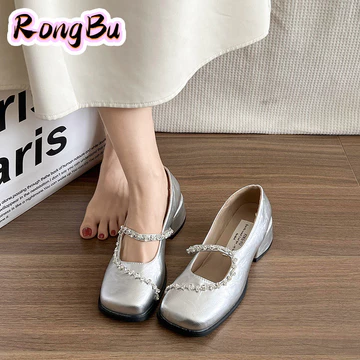 RongBu Giày nữ Mary Jane Giày nữ Mary Jane đầu vuông phong cách retro kiểu Pháp Giày nữ Mary Jane Giày Miệng nông thanh lịch hoàn toàn phù hợp mới