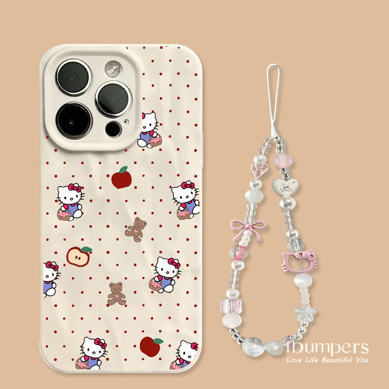 ibumpers Ốp Điện Thoại iPhone Họa Tiết Hello Kitty Dễ Thương Quyến Rũ + Dây Buộc Cho IPhone 16 15 14 12 13 11 Pro Max IP 7 8 Plus X XS XR Xếp Ly Ốp Lưng Silicon Mềm Chống Sốc