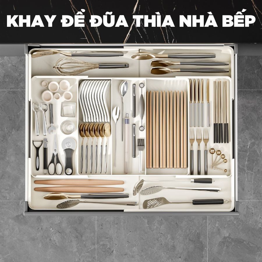 Khay đựng đũa thìa chia ngăn kéo nhà bếp Dinohome có thể mở rộng, tháo rời tùy chỉnh đa năng