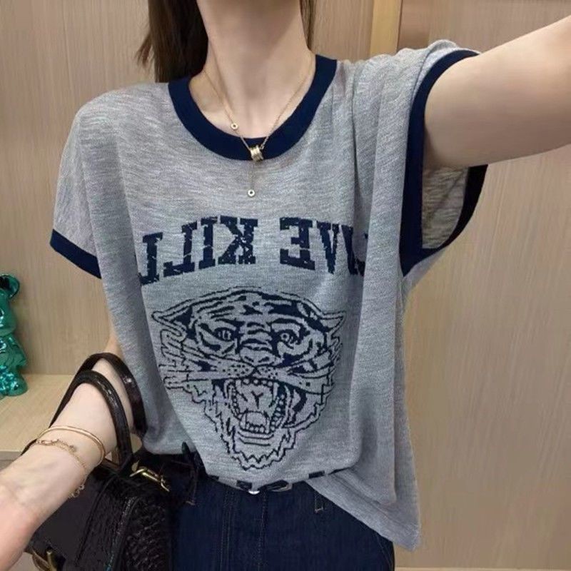 Áo thun Cotton nữ mùa hè 2024 mới thời trang in hình dáng rộng giảm béo tay ngắn nữ hàng đầu