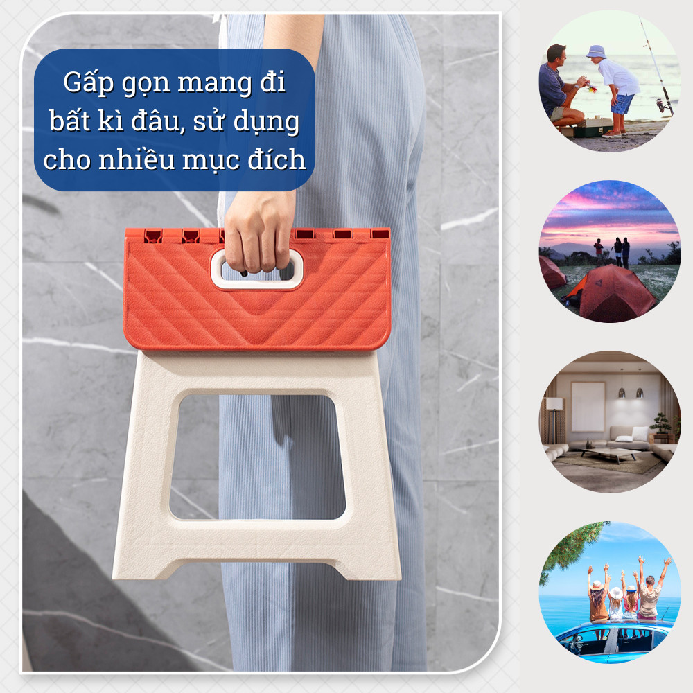 Ghế đẩu gấp gọn chất liệu nhựa PP cao cấp DINO, Ghế gấp gọn cầm tay mang đi du lịch tiện lợi