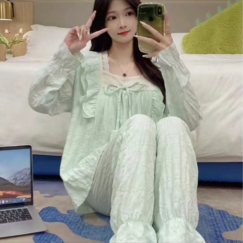 Bộ Đồ Ngủ Cotton Mây Nữ Xuân Thu Mới Quần Dài Tay Phù Hợp Với Sữa Công Chúa Phong Cách Quần Áo Nhà Bé Gái Mặc Ngoài