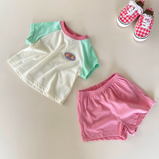 Bộ quần short ngắn tay cotton mùa hè cho bé trai và bé gái, áo phông màu sắc, quần thể thao phong cách Hàn Quốc cho trẻ em, bộ hai món