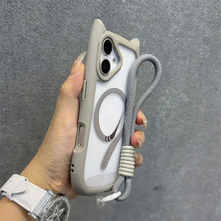 Ốp Tai Mèo 3D Dễ Thương Cho iPhone 13 14 15 16 Pro Max 11 12 15 16 Plus Vỏ Giáp PC Trong Suốt Có Dây Đeo Cổ Tay