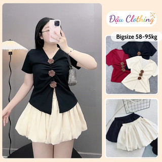 Set Áo Váy Bigsize Nữ Áo Thun Ôm Cổ Tim Đính Hoa Tiểu Thư Kèm Chân Váy Bí Dễ Thương A275/ CV413