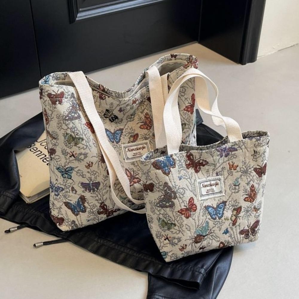 Túi đeo vai HOBBYIN, Túi Tote nữ dày bằng vải Canvas, Túi xách Jacquard in hoa bướm dung tích lớn thông thường