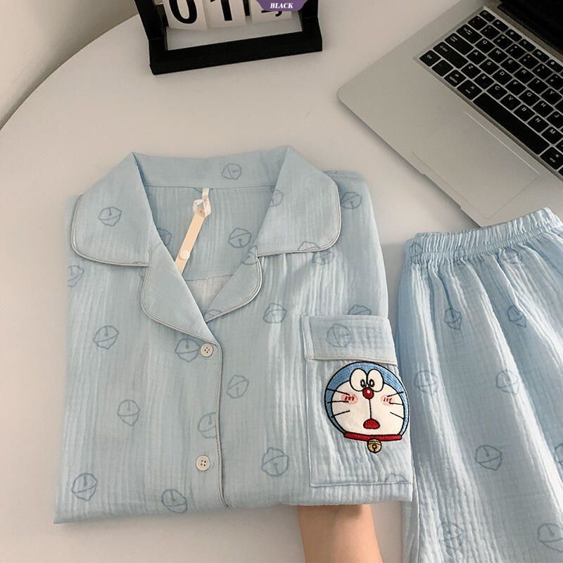 Quần Short ngắn tay mèo Tinkerbell màu xanh ngọt ngào và đáng yêu mới Bộ đồ ngủ thông thường dành cho nữ Bộ quần áo tại nhà mùa hè [BL]