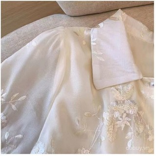Áo blouse ngắn kiểu Trung Quốc mới 2025 cho phụ nữ, chất liệu lụa pha, thêu nút Mandarin, viền không đều