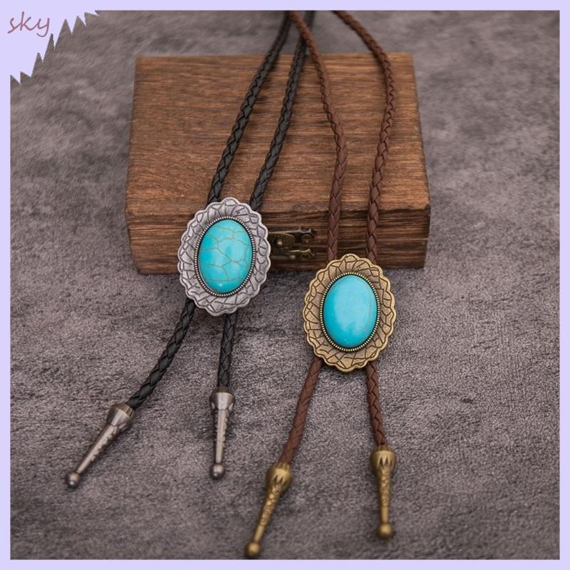 Bầu trời Nam Rodeos Bolo Tie với mặt dây chuyền ngọc lam và dây da bện điều chỉnh được - Trang sức phương Tây