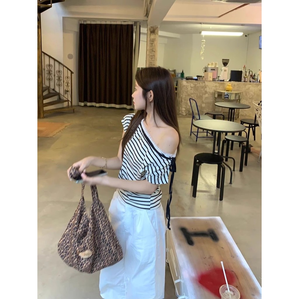 Milyfashion Cổ Phẳng Dây Ren Khâu Sọc Tay Ngắn T Mùa Hè Pure Desire Ngọt Ngào Ngắn Top Bé tee Quần Áo Nữ