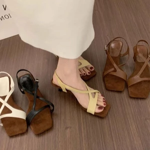 Xăng đan Mũi Vuông Cổ Điển Cho Nữ Phong Cách La Mã Giày Cao Gót Thấp 3cm