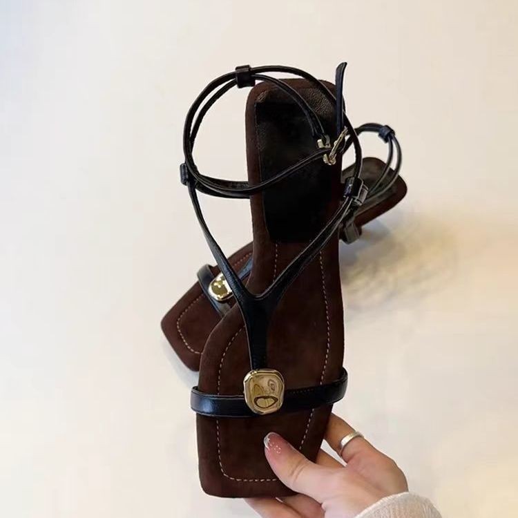 Xăng đan Giày Cao Gót Mũi Vuông Retro Giày Nữ