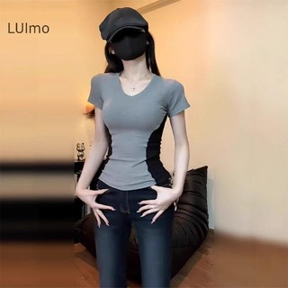 LUImo Mùa Hè Mỹ Retro Màu Sắc Tương Phản Gợi Cảm Cổ Chữ V Tay Ngắn Áo Thun Nữ SBS