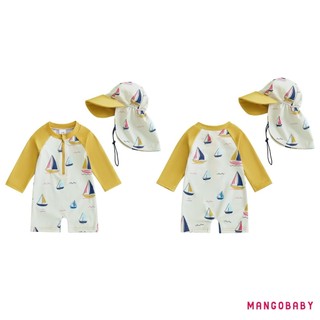 MG-Toddler Boy Rash Guard Đồ bơi có mũ 2 chiếc Bộ thuyền buồm in hình Zip Up dài tay cổ tròn Đồ bơi bé trai