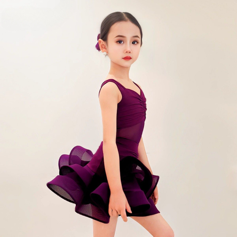 💕Chỗ💕 Trẻ Em Quần Áo Khiêu Vũ Latin Váy Lớn Không Tay Màu Tím Cho Bé Gái 3 Đến 15 Tuổi Váy Khiêu Vũ Latin Xinh Xắn Trang Phục Biểu Diễn