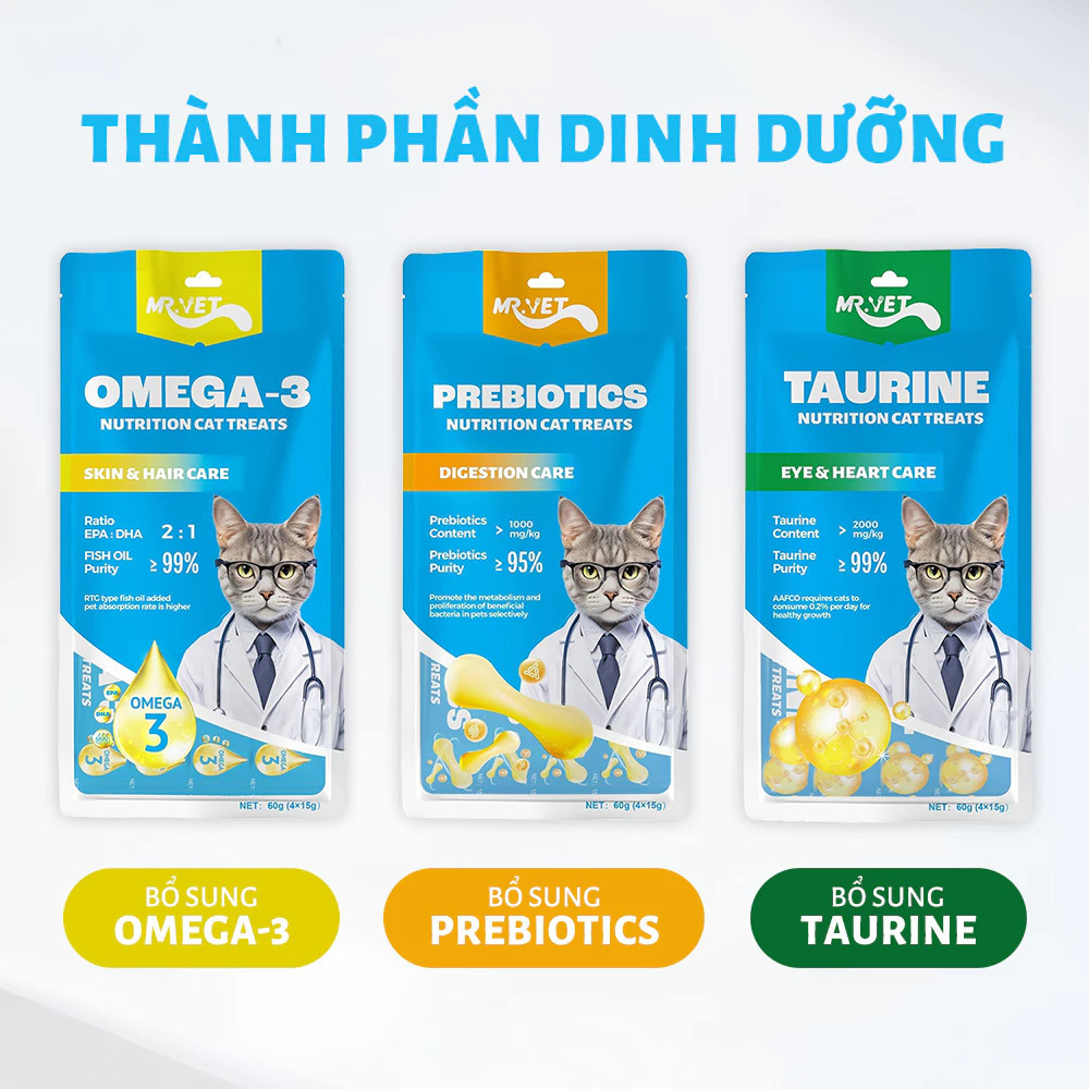 [COMBO 6 TÚI] Súp thưởng cho mèo Mr.Vet, bổ sung Omega 3, Prebiotics, Taurine hỗ trợ tiêu hóa và tim mạch