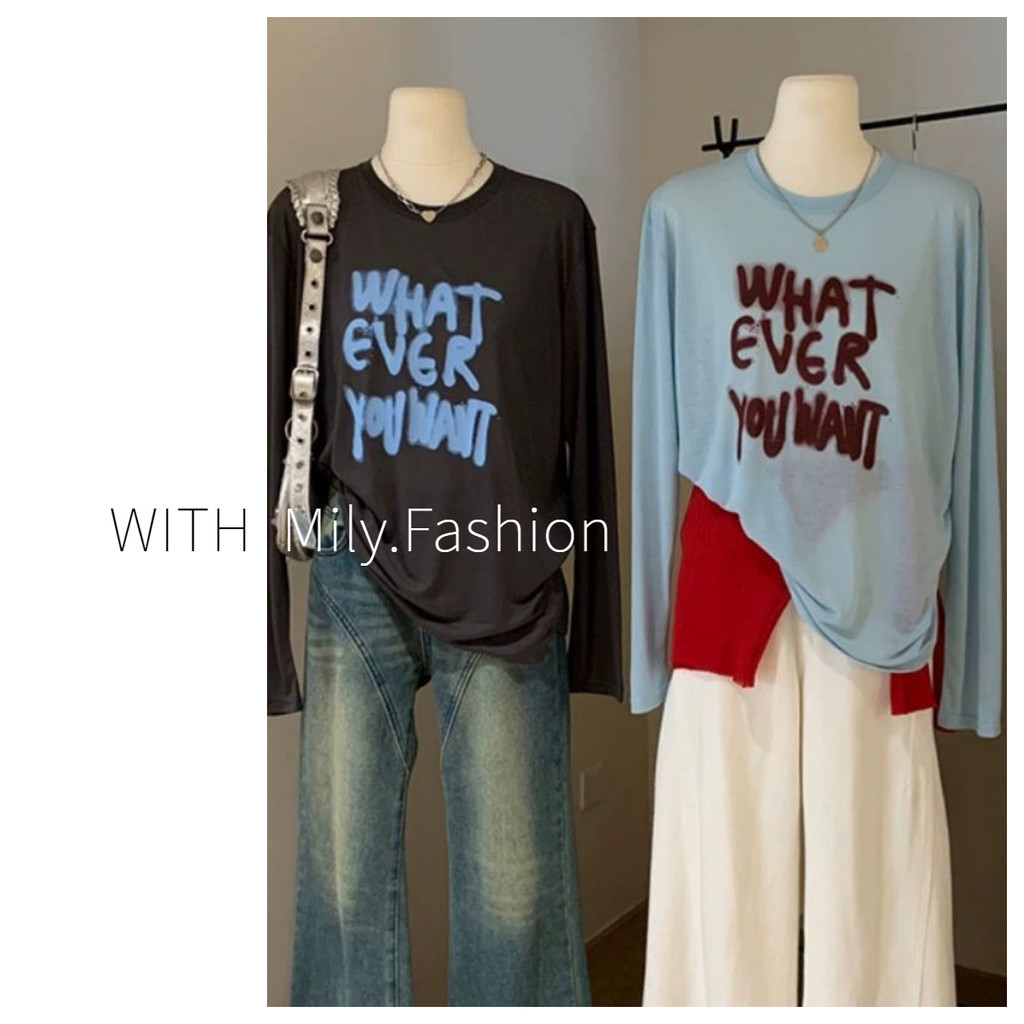 Milyfashion Loose Size Lớn Chữ Graffiti Dài Tay T Nhẹ Phù Hợp Với Tất Cả Trận Đấu Áo Chống Nắng Top Nữ