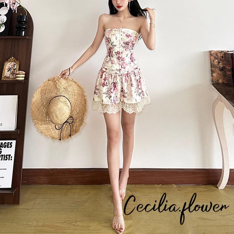 Váy Mini hoa nữ có viền ren - Thắt lưng xếp chữ A thường ngày mùa hè