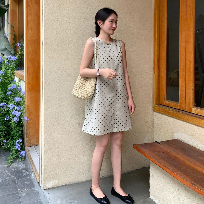 Polka dot skirts Váy không tay phong cách Hàn Quốc, váy tank ôm sát