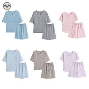Phong cách Nhật Bản Muji Style / Sợi đôi Cotton nguyên chất Dây rút cổ tròn Quần Short ngắn tay Bộ đồ ngủ / Sợi Cotton nhăn Đồ mặc nhà thông thường