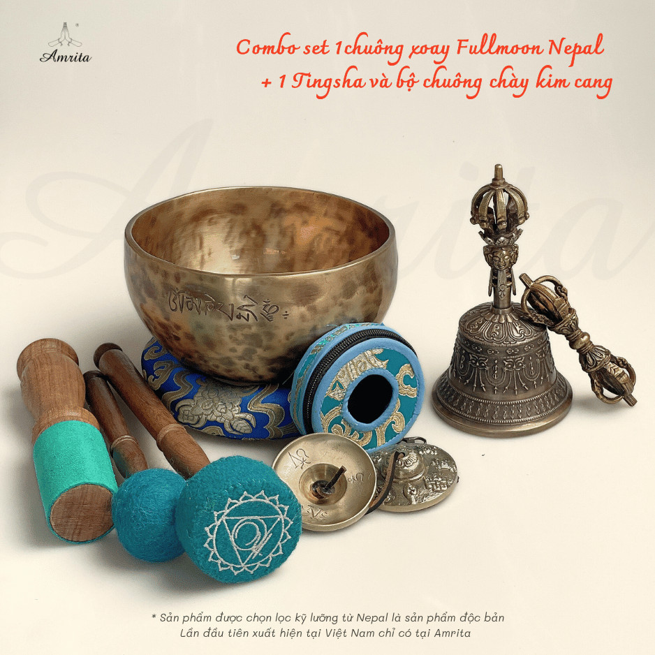 [Amrita] Combo set 1chuông xoay Fullmoon Nepal 18cm  + 1 Tingsha và bộ chuông chày kim cang - CXNP61
