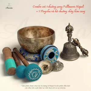 Combo set 1chuông xoay Fullmoon Nepal 18cm + 1 Tingsha và bộ chuông chày kim cang - CXNP61