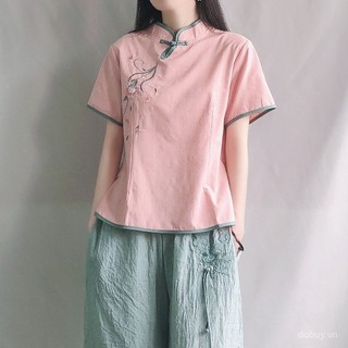 Áo blouse cài nút phong cách Trung Quốc cho phụ nữ, thêu cotton lanh, trang phục lấy cảm hứng từ châu Á cho phụ nữ, áo phong cách dân tộc