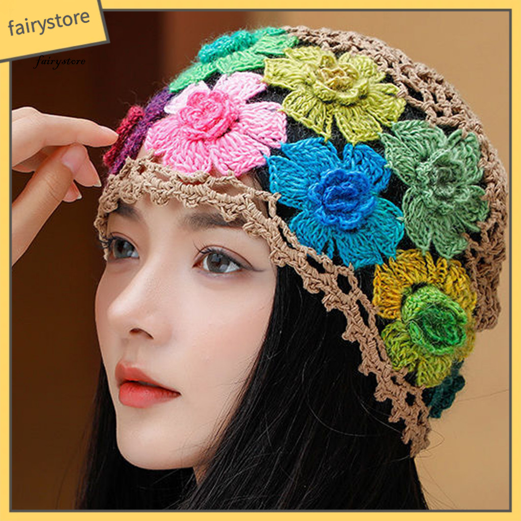 Fairystore| Mũ đan mùa đông Mũ thời tiết lạnh Thời tiết rỗng sành điệu Mũ beanie dệt kim cho nữ Mũ che nắng nhẹ cho du lịch ngoài trời