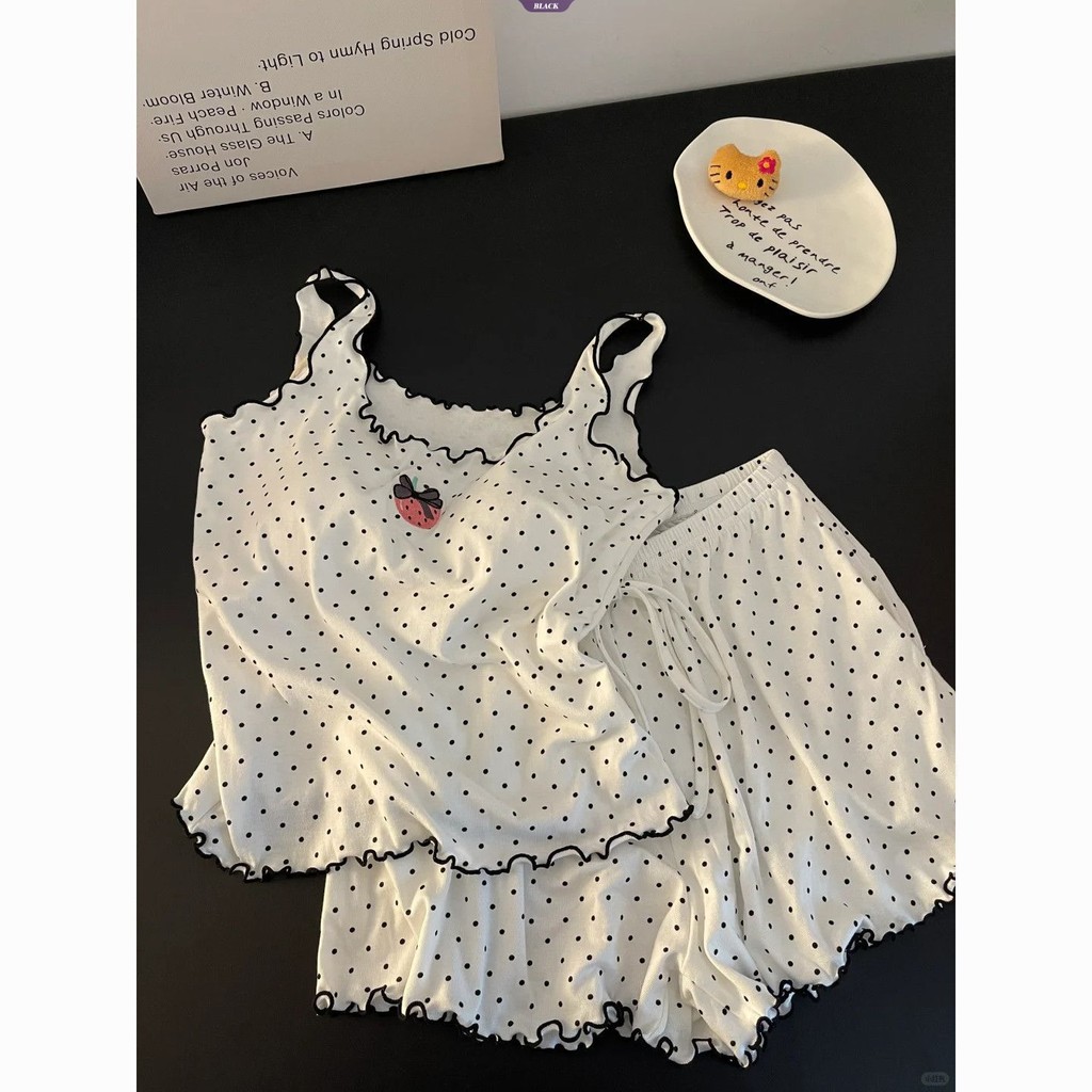 Suspenders với miếng đệm ngực Bộ pyjama nữ mùa hè phiên bản Hàn Quốc chấm bi dâu tây ngọt ngào và dễ thương Homewear Suit [BL]