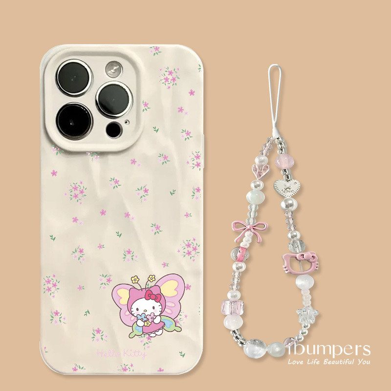 ibumpers Ốp Điện Thoại iPhone Họa Tiết Bướm Hello Kitty Dễ Thương + Dây Buộc Cho IPhone 16 15 14 12 13 11 Pro Max IP 7 8 Plus X XS XR Xếp Ly Ốp Lưng Silicon Mềm Chống Sốc