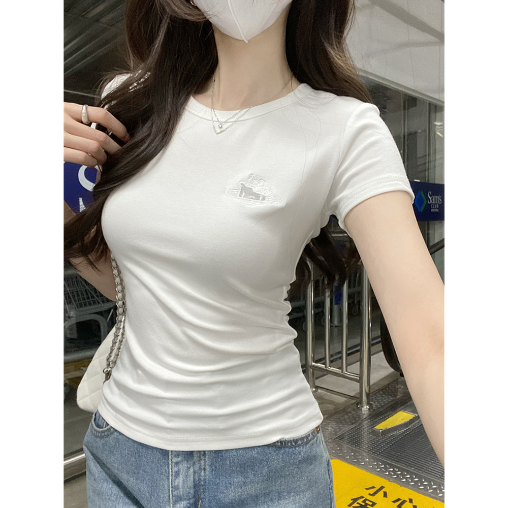 Kt Thiết Kế Thêu Cảm Giác Chính Hãng Vai Ngắn Tay Áo Thun Nữ Hot Girl