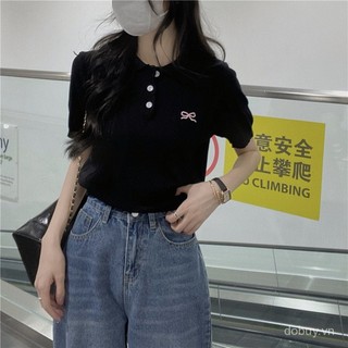 Áo thun ngắn tay thêu kiểu polo bằng lụa lạnh mùa hè cho phụ nữ