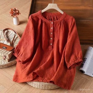 Áo sơ mi cotton lanh vintage cỡ lớn cho phụ nữ, tay áo 5/4, chất liệu cotton nguyên chất, kiểu dáng rộng rãi, áo blouse thường ngày
