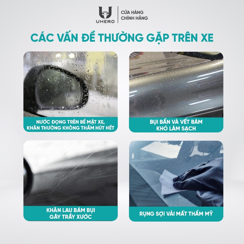 Khăn lau ô tô 40x40cm UHERO Superfine Fiber 650gsm thấm hút, mềm mịn, chống trầy xước KL02
