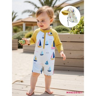 MG-Toddler Boy Rash Guard Đồ bơi có mũ 2 chiếc Bộ thuyền buồm in hình Zip Up dài tay cổ tròn Đồ bơi bé trai