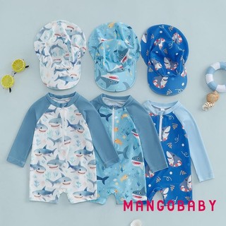 MG-Toddler Bé Trai Dài Tay Đồ Bơi In Hình Cá Mập Nửa Dây Kéo Chống Đập Rash Guard Đồ Bơi Sunhat Bộ