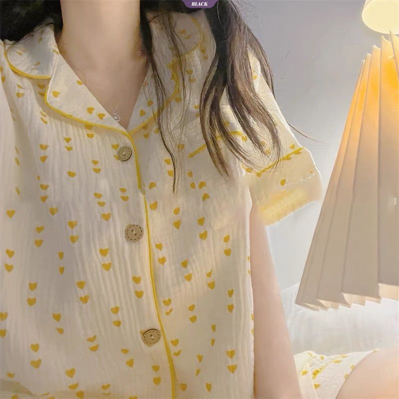 Sữa Ngọt Ngào Vàng Đào Trái Tim Bộ Đồ Ngủ Nữ Mùa Hè Mới Quần Short Tay Ngắn Thường Ngày Rời Homewear Suit [BL]