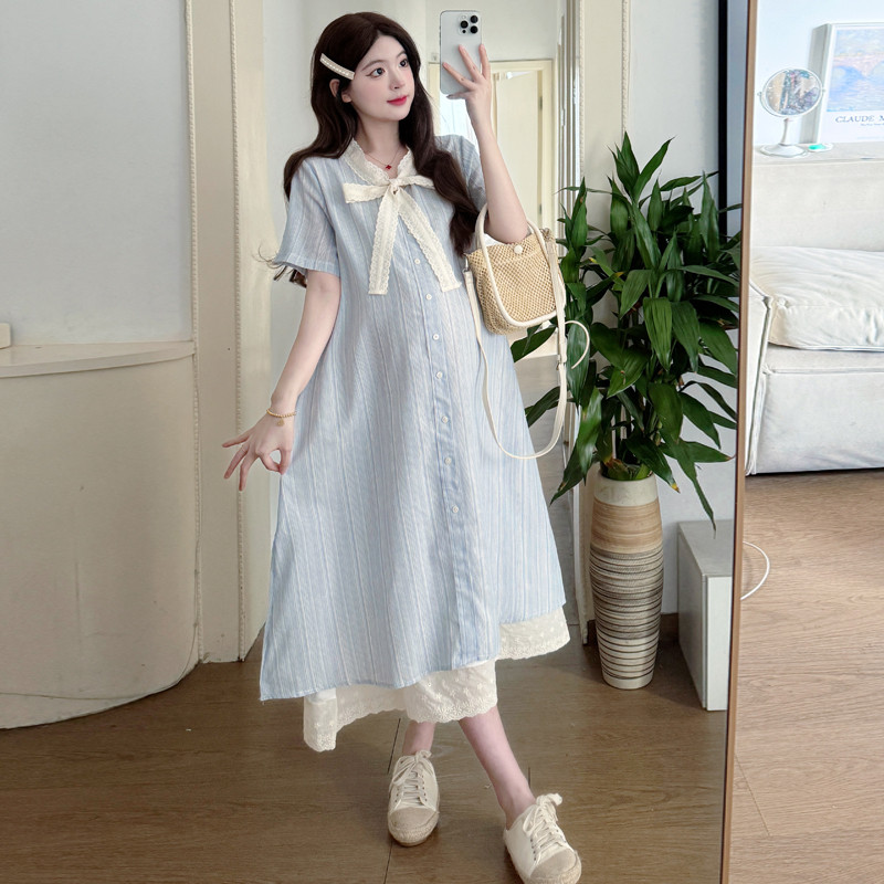 Trang phục bà bầu mùa hè Ren khâu nơ giả hai mảnh